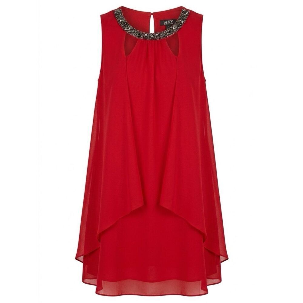 SLNY Vibrant Red Dress with Beaded Collar